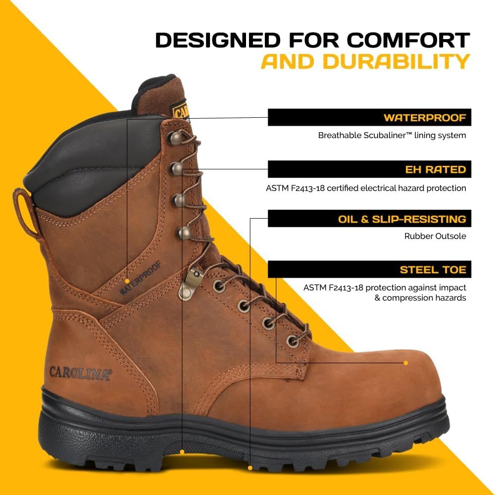 Carolina Surveyor 8" Waterproof Steel Toe Leather Work Boots for Men, EH Rated, Slip & Oil Resistant, Durable EVA Footbed - Image 3