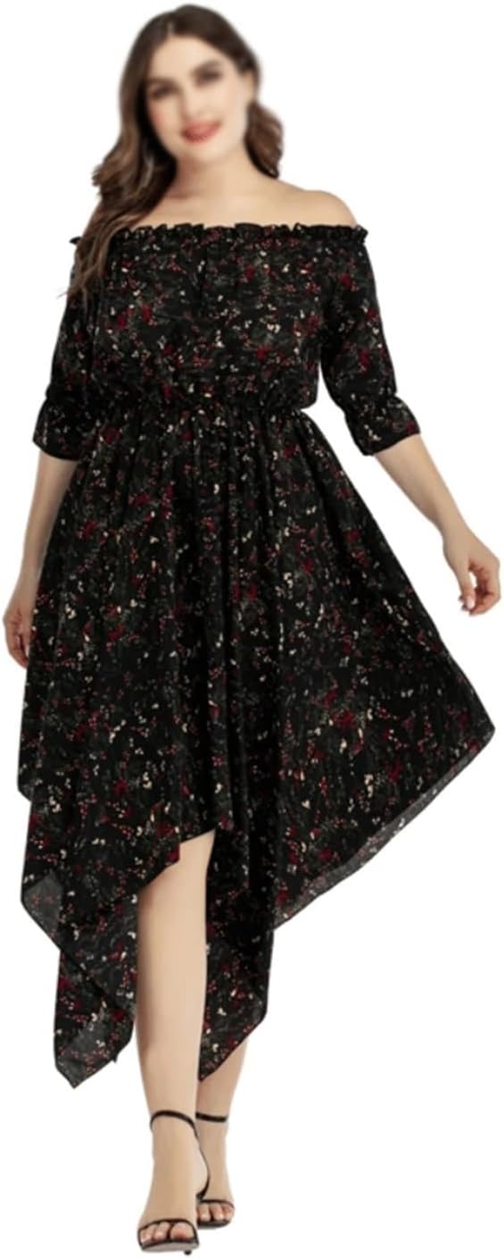 JSEIAJB Dress for Woman Slash Neck Floral Print Off Shoulder Boho Beach Dress Irregular Maxi Long Dresses