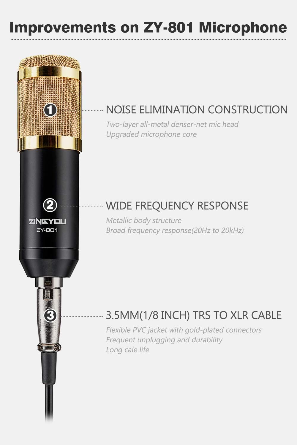 ZINGYOU Desktop Microphone Set ZY-801+ Condenser Microphone Professional Studio Cardioid PC Mic Bundle for Studio Recording and Broadcasting (Sunrise Gold)