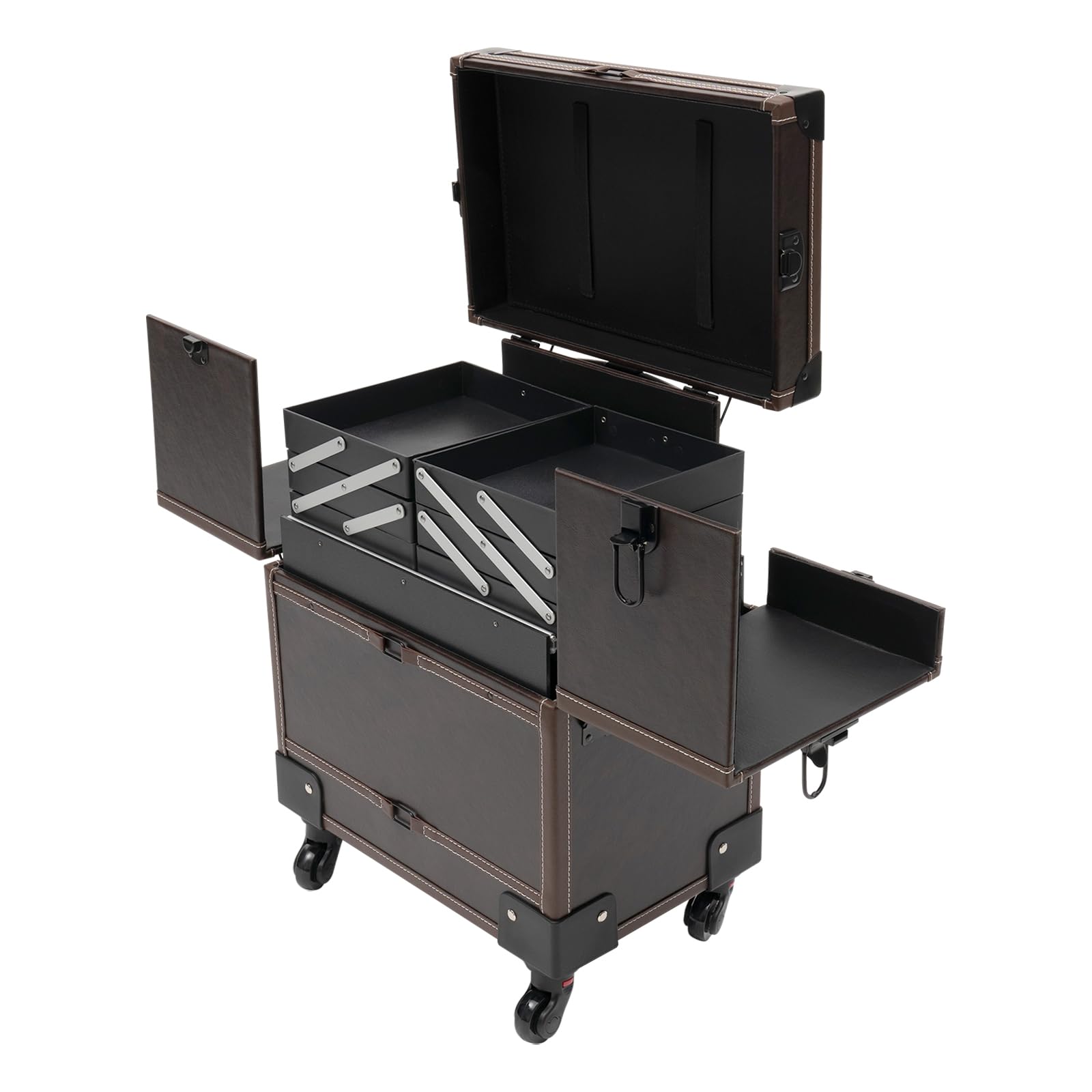 Kosmetikkoffer Trolley - Kosmetikkoffer mit Spiegel 37x24.3x101cm Make up Koffer Schminkkoffer mit Rollen Friseurkoffer für Reisen, Geschenkidee (Dunkelbraun)