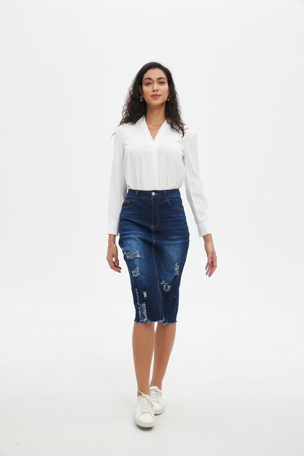 Women's Denim Skirt High Waisted Stretch Distressed Midi Skirt for Everyday Chic Y2K Style - Image 9