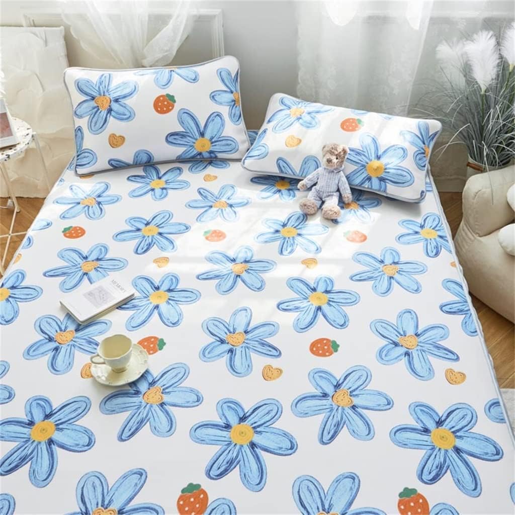 Bed Skirt Style Ice Silk Mat Three-Piece Summer Princess Cool Feeling Double Air-Conditioning Mat Can Be Washed (Color: Blue, Size: 6.9 ft (1.8 m) (Blue 1.8 m)