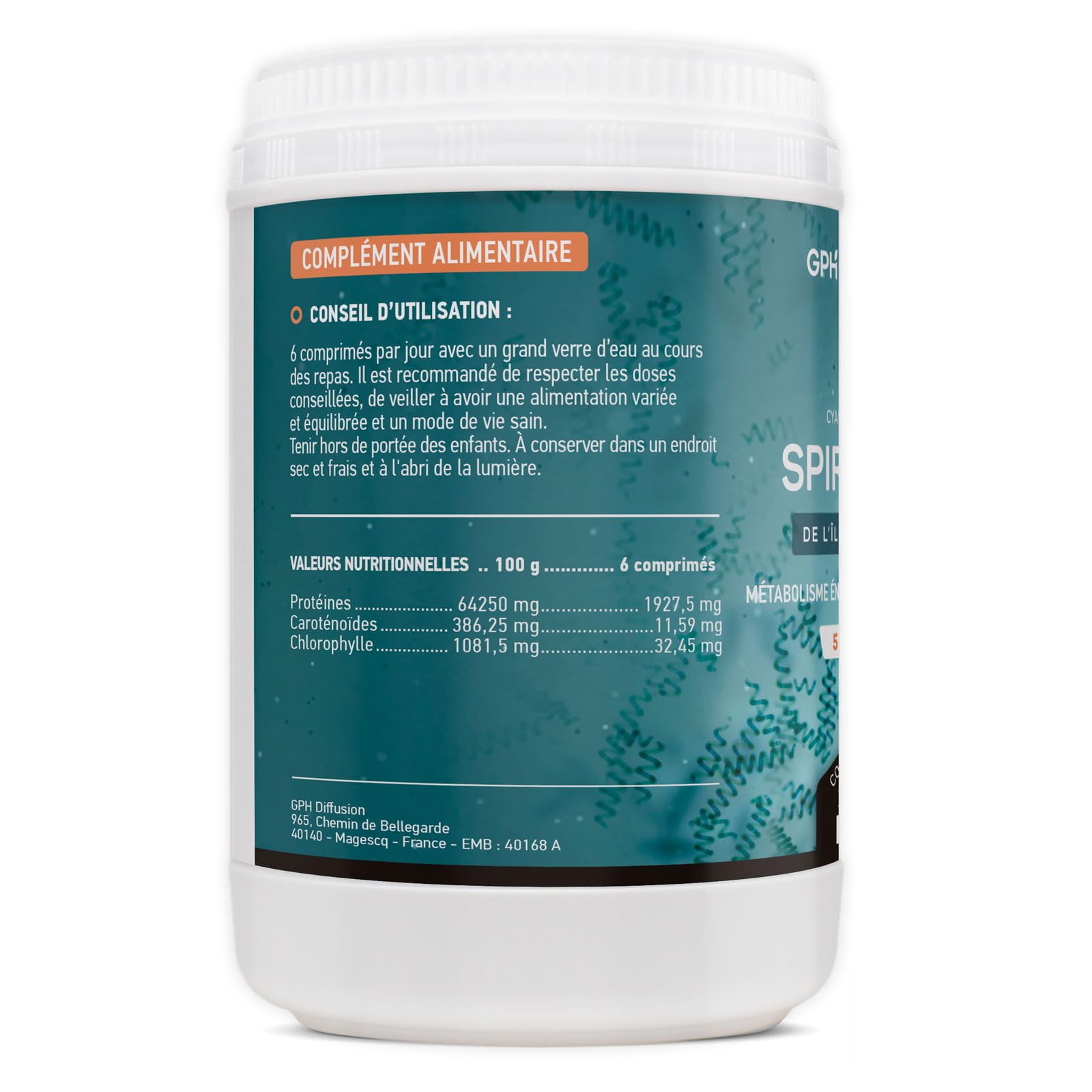 Spiruline Bio AB 500 mg -1200 comprimés - Riche en Protéines, Phycocyanine, Chlorophylle, Caroténoïde et Fer - GPH Entreprise Française