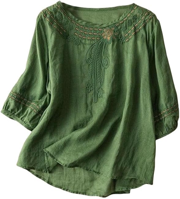 Women's Retro Round Neck Embroidered Cotton Linen Top Lightweight Style