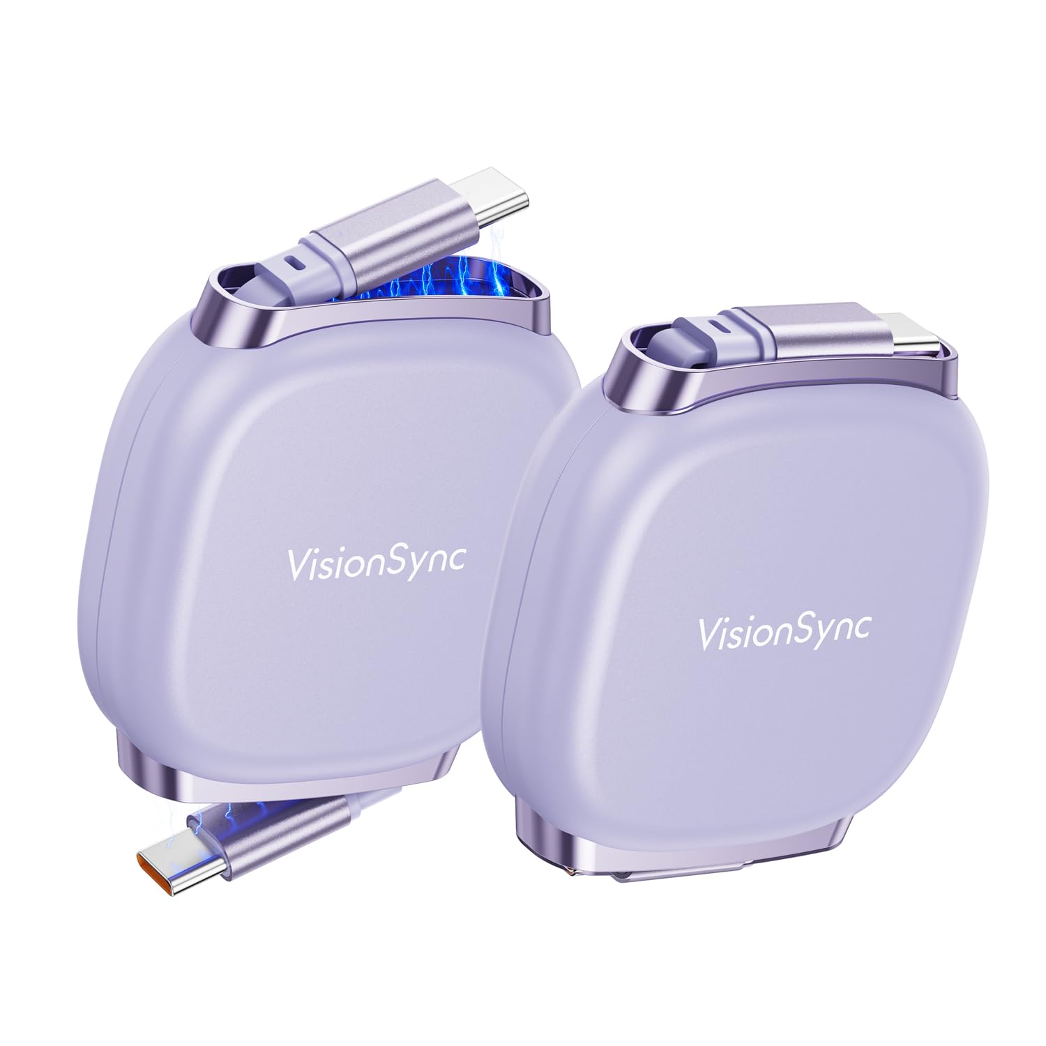 VisionSync 240W USB C Kabel einziehbar (1m,2Stück),PD3.2 praktisches USB C Schnellladekabel mit Magnetschlitz für unterwegs,5 stufig voreingestellte Längen für iPhone 17/16/15, Galaxy S25/24,Lila