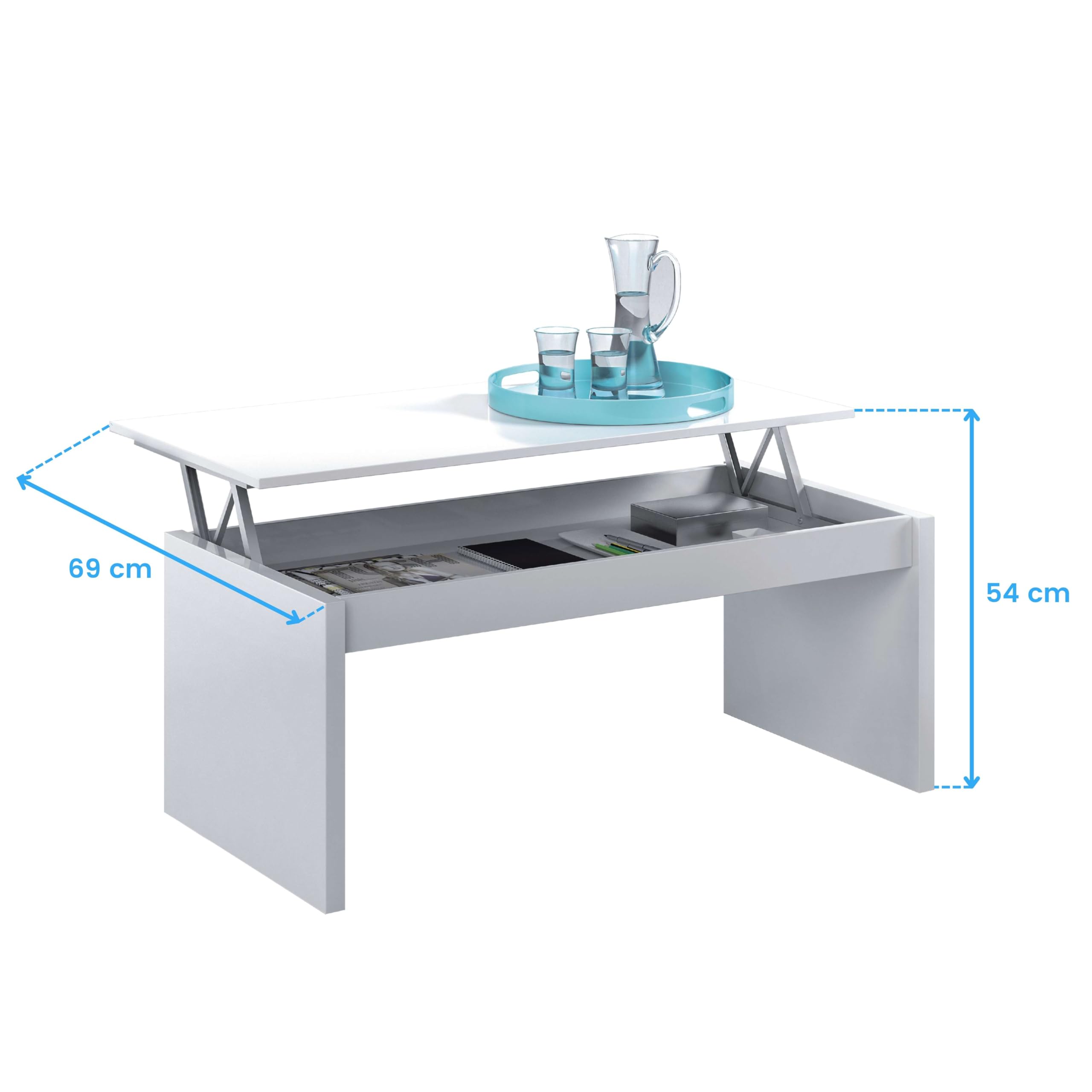 Habitdesign – Mesa de Centro Elevable, Mesa Auxiliar para Salón Comedor, Color Blanco Brillo, 102x43-54x50 cm - Modelo Zenit