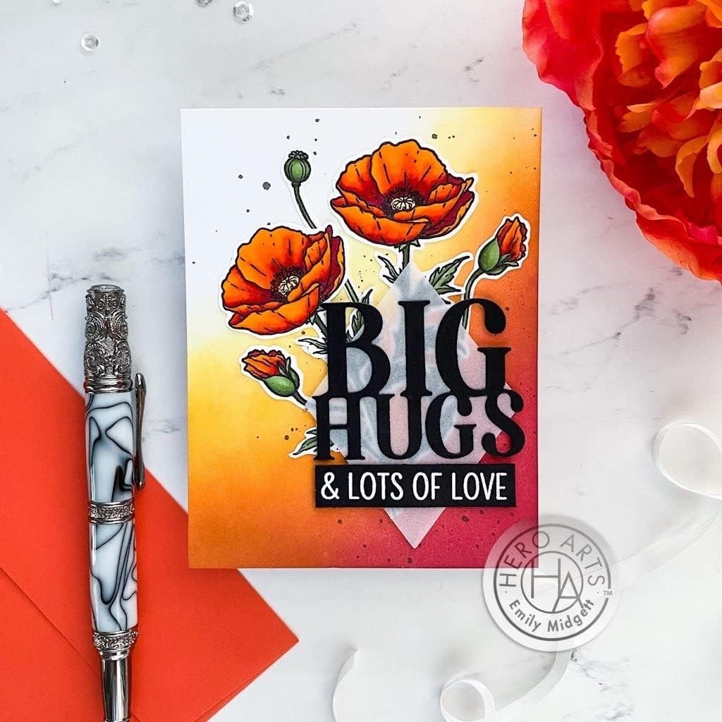 Hero Arts CM503 Clear Stamp, Hero Florals Poppy set, showing a card created with the stamps, featuring orange poppy flowers and the phrase 'BIG HUGS & LOTS OF LOVE'.