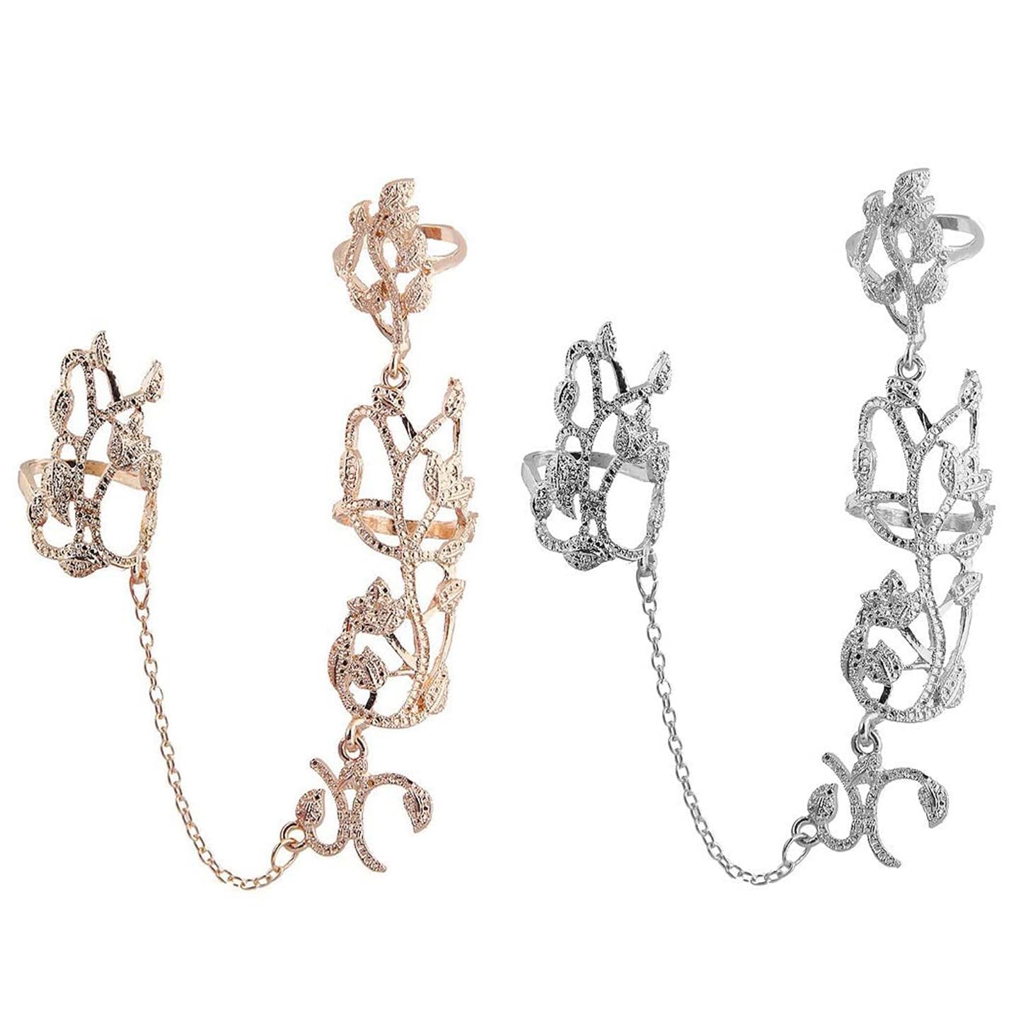Amzuia 2 Pcs Full Finger Ring for Women Leaf Charm Finger Ring Bracelet with Chain Knuckle Open Long Finger Ring Hand Chains Adjustable Rings Jewelry for Girls(Gold + silver)