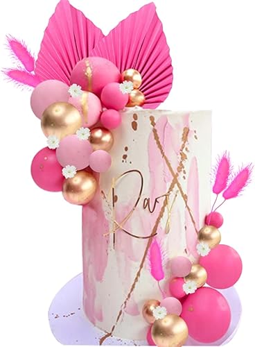 Decoración de pastel de flores, bolas de hojas de palma doradas, decoración de pasteles para baby shower, fiesta de cumpleaños (rosa intenso)