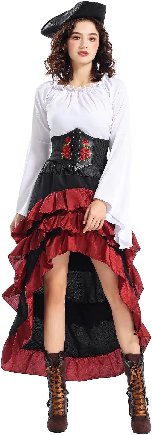 Seasons Women's Pirate Costume, Renaissance Style with Corset, Skirt and Waist Belt, Party Halloween Outfit for Adults