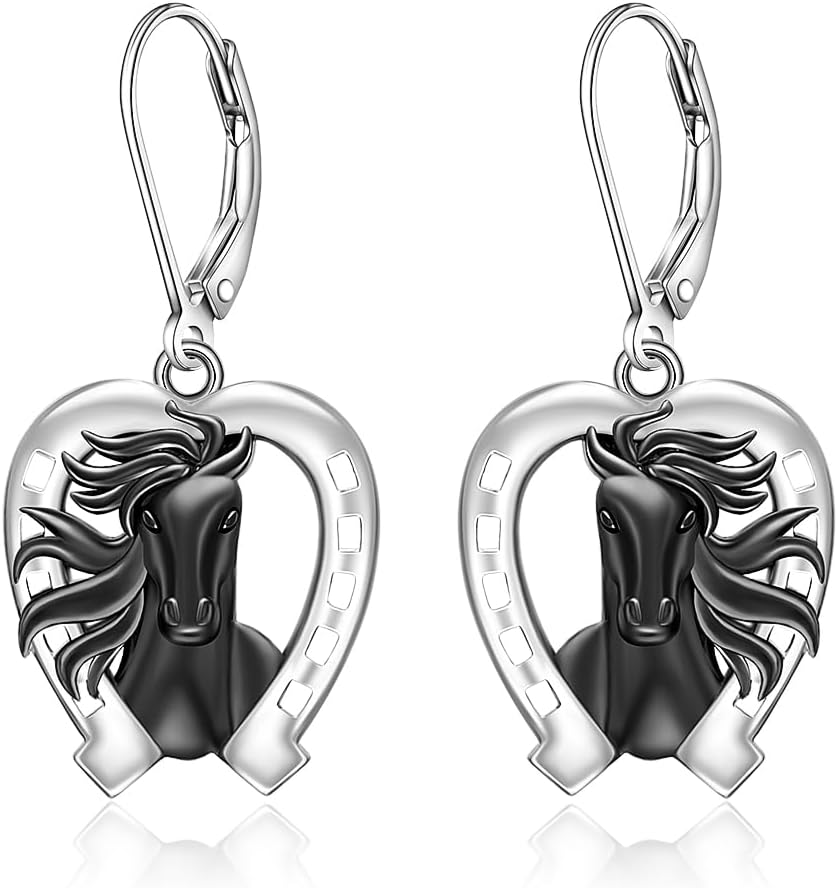 Horse Earrings Sterling Silver Horseshoe Horse Earrings for Women Dangling Western Earring Dangle Heart Equestrian Jewelry Gifts for Horses Lover