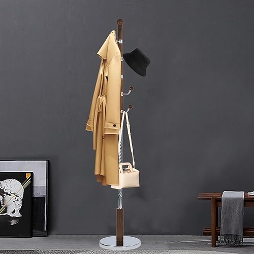 Miniatura 8 de Percheros de pie con 14 ganchos, perchero de madera natural con base redonda sólida, percheros de altura ajustable, fácil montaje para pasillo,