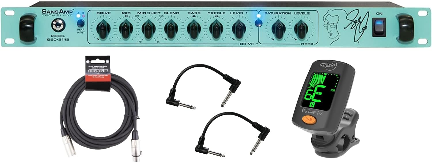 Briskdrop Tech 21 GED-2112 Geddy Lee Signature SansAmp - Bundle with XLR Cable, 2 Patch Cables, and Tuner