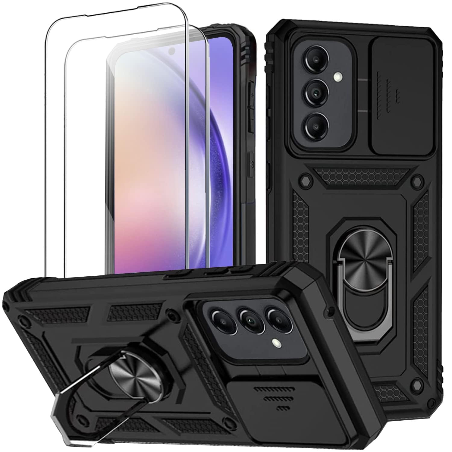 for Samsung A54 5G Case with Camera Cover and Stand Kickstand Ring with [2 PACK] Tempered Glass Screen Protector, Military Grade Shockproof Protective Cover (Black)