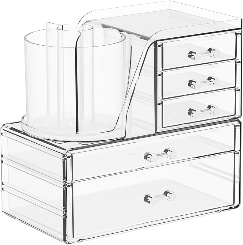 Organizador de maquiagem em acrílico transparente SuoXing com gavetas, suporte giratório para pincéis e 3 peças