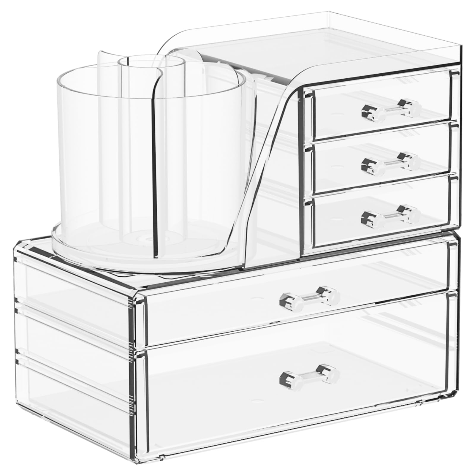 2 Pack Clear Make up Organizers for Vanity,5 Drawers Acrylic Skin Care Organizer with Makeup Brush Holder,Cute Small Cosmetic Storage Organizer for Bathroom,Dorm,Dresser Top Beauty Products Organizer