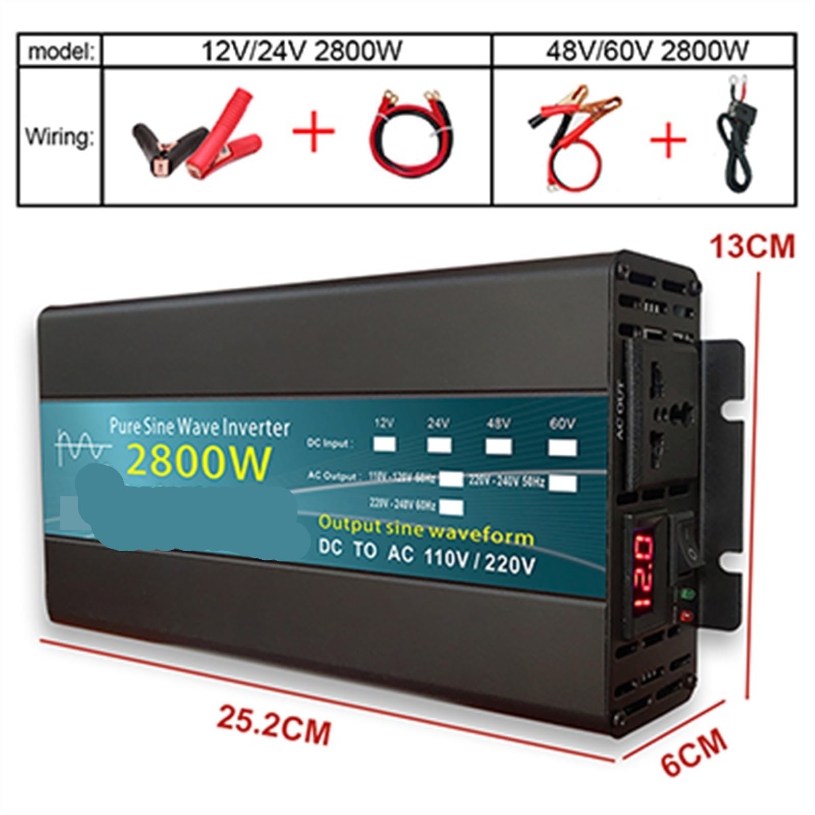 Falownik mocy Czysta fala sinusoidalna przetwornica DC 12 v/24 v do AC 1000W 1600W 3000W konwerter mocy transformator napięcia inwerter słoneczny wyświetlacz LED(2800W,24V)
