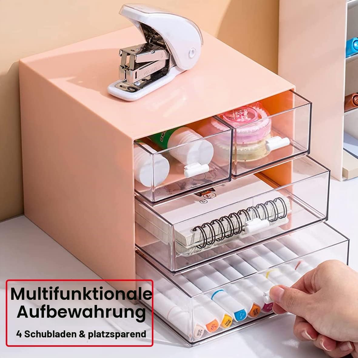 Schreibtisch-Aufbewahrung, Make-up-Aufbewahrungsbox mit 4 Schubladen, Kunststoff, Bürobedarf, Schreibtisch-Organizer für Büro, Schule, Zuhause und Badezimmer (Rosa)