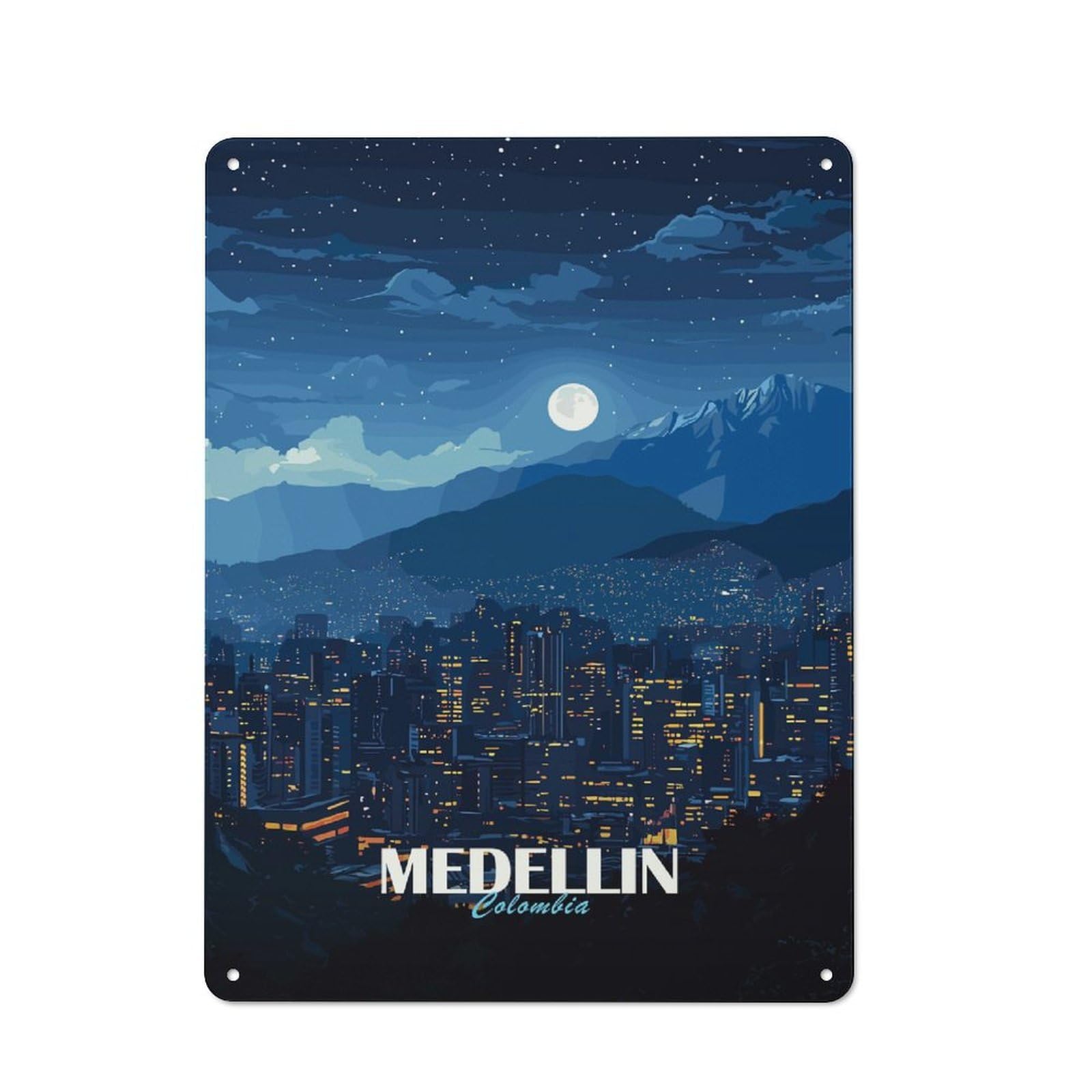 Junmoney Medellin Colombia Night Cityscape Retro Metal Sign 40X30cm For Living Room Or Hallway, For Kitchen, Dining Room And Home Bar Wall Decor