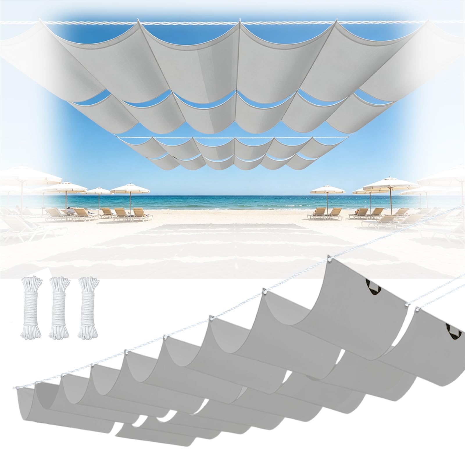 Welle Sonnensegel 2 x 5 m Nach Maß, Wasserdicht, Sonnenschutz, Uv-Schutz, Verstellbar Terrasse Schattenabdeckung mit Ösen Und Kordel für Outdoor Terrasse Garten, Hellgrau