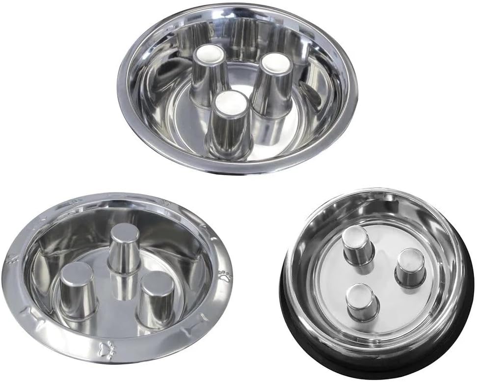 Slow Feeder Bowls Dog Dishes Stainless Steel Healthy Standard Embossed or No Tip (Non Tip - 16 Ounces)