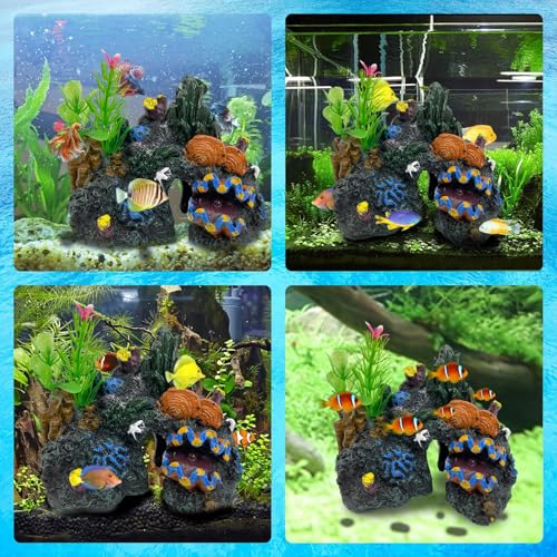 Image of PINVNBY Aquarium Coral Reef Decor Resin Fish Tank Decorations Rock Mountain Cave Ornaments for Goldfish Betta Fish Sleep Rest Hide Play Breed with 4 PCS Aquatic Plants (Small Size)