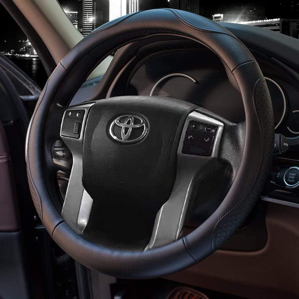 Valleycomfy Leather Steering Wheel Covers Universal 15.75 inch -Breathable, Anti Slip & Odor Free (Black with Black Lines,L(15" 1/2-16"))