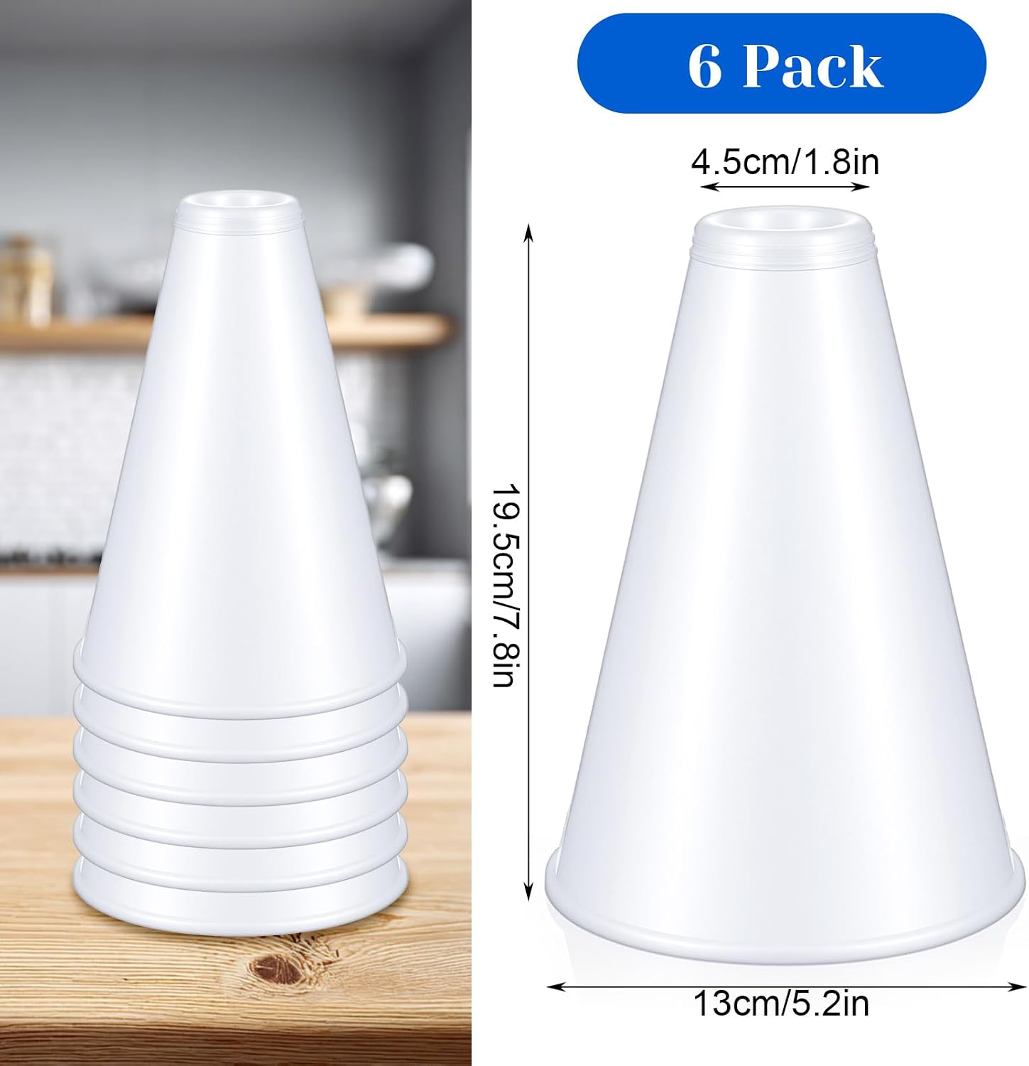 6 Pack Cheer Megaphone Bulk, White Plastic Megaphone for Sports Events & Party Favors, Reusable Mini Megaphones for Cheerleading, Games, and Outdoor Activities