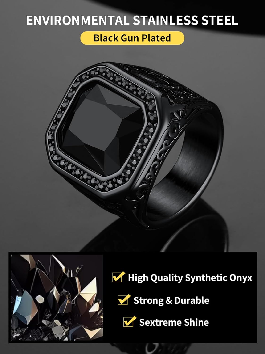 ChainsHouse Mens Black Onyx Rings, Retro X Bone Skull Stainless Steel Signet Rings for Men, Black Onyx Agate Gemstone Rings Jewelry, Offer Custom Service, Size 7-14 - Image 3