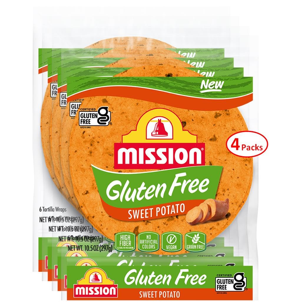 GenericMission Gluten Free Sweet Potato Tortilla Wraps, 6 Count, 10.5 oz, 8"" Soft Taco Size, 4 Packs (24 Tortillas), Cerified Gluten Fee, High Fiber, Grain Free, Zero Trans Fat, Vegan Friendly