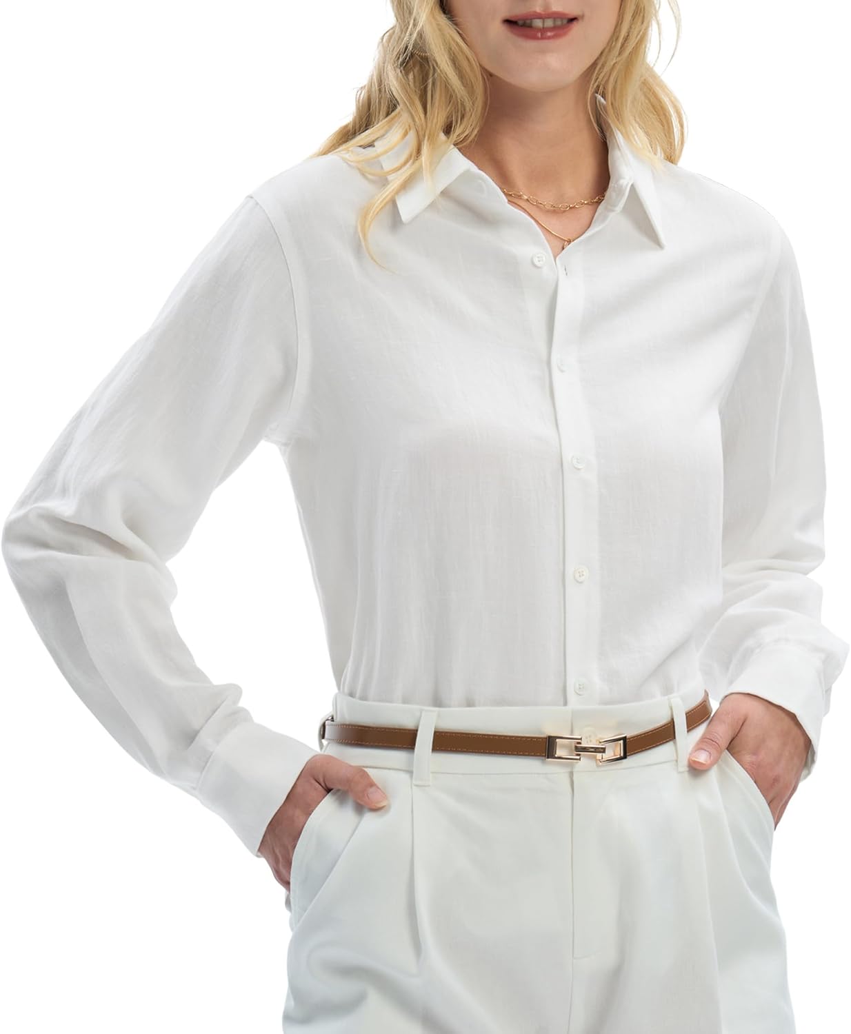 Womens Linen Button Down Shirts Lyocell Blend Long Sleeve Collared Blouses Regular Fit for Work Everyday Wear