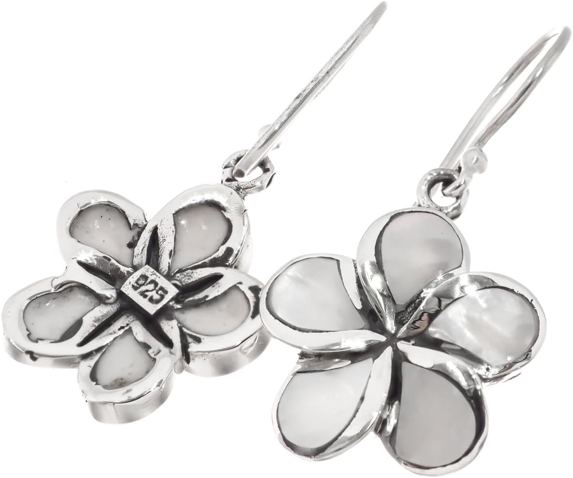 925 Silver Plumeria Flower White Mother of Pearl Shell Sterling Earrings, 3/4"