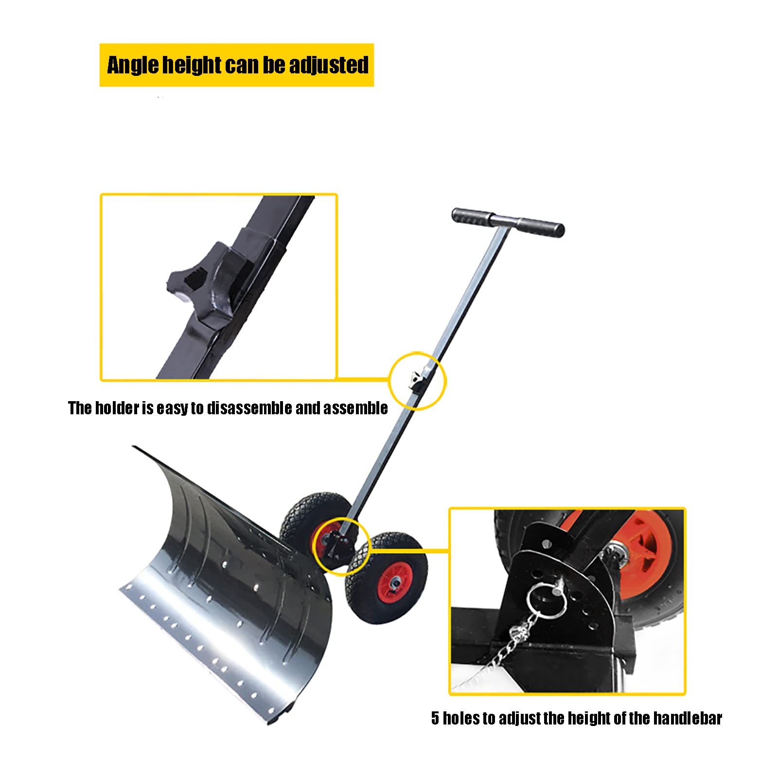 Palas de nieve, empujador de nieve rodante con ruedas de 10 pulgadas, empujador de nieve de metal resistente con altura y ángulo ajustables para entrada de coches, jardín, limpieza de pavimento ( Size