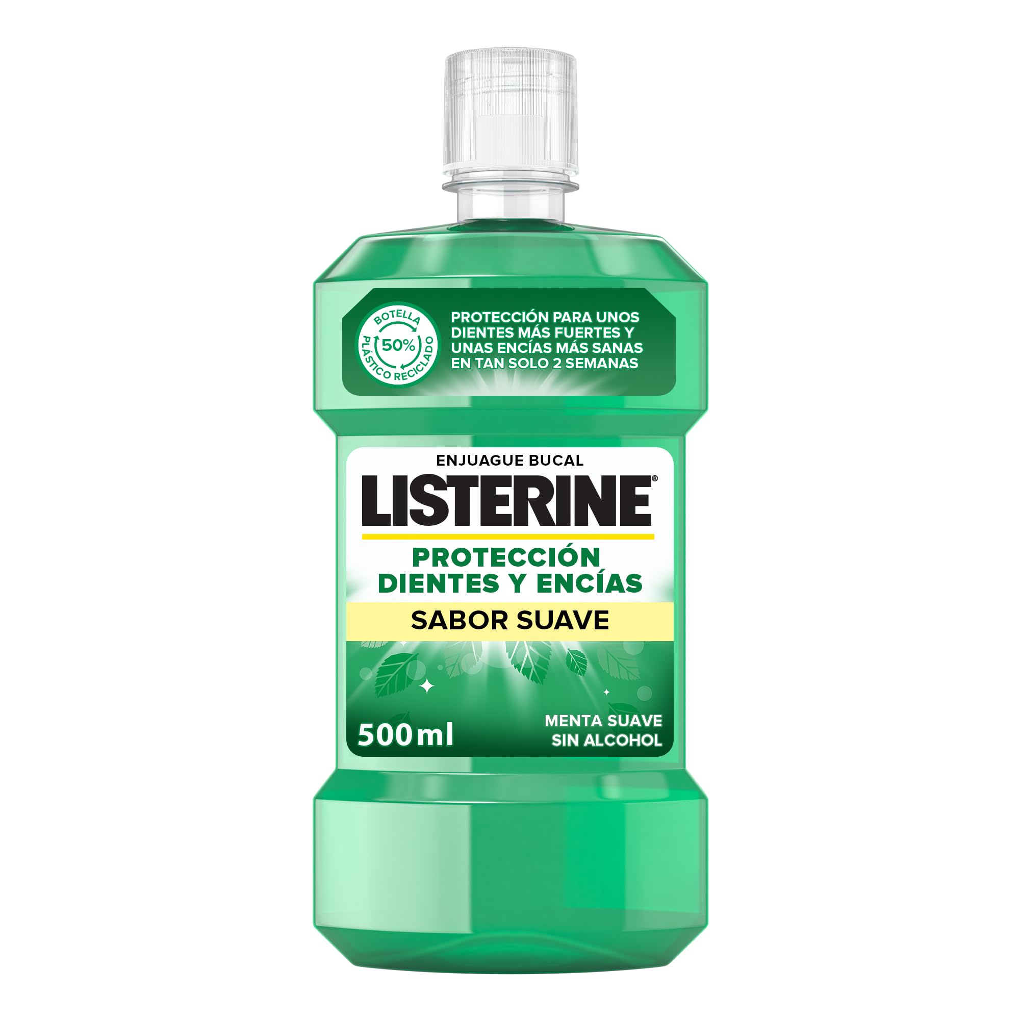 Listerine Protección Dientes y Encías Sabor Suave (1x500 ml), enjuague bucal 0% alcohol, colutorio sin alcohol con 24 horas de protección, elixir bucal para un aliento fresco duradero