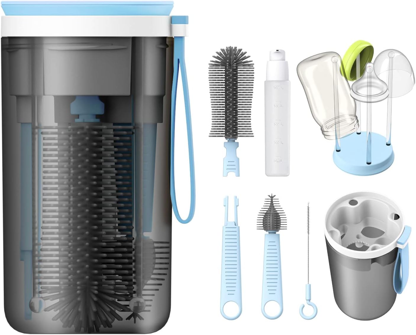 Labymos Portable Baby Travel Bottle Cleaner Kit with Silicone Bottle Brush๏ผBuilt-in Drying Rack๏ผSilicone -Shaped Brush๏ผStraw Brushes๏ผBottle Soap Dispenser(Blue)