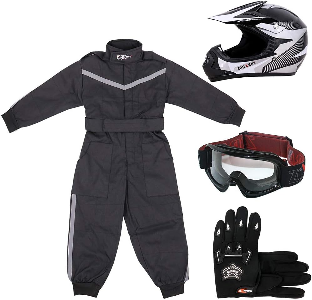 Zorax ZOR-X19 White (M 51-52cm) Kids Motocross Motorbike Helmet + Gloves (M 6cm) + Goggles + Leopard Suit (XL 11-12 Yrs), for Boys Girls Quad Birt Bike Racing Karting