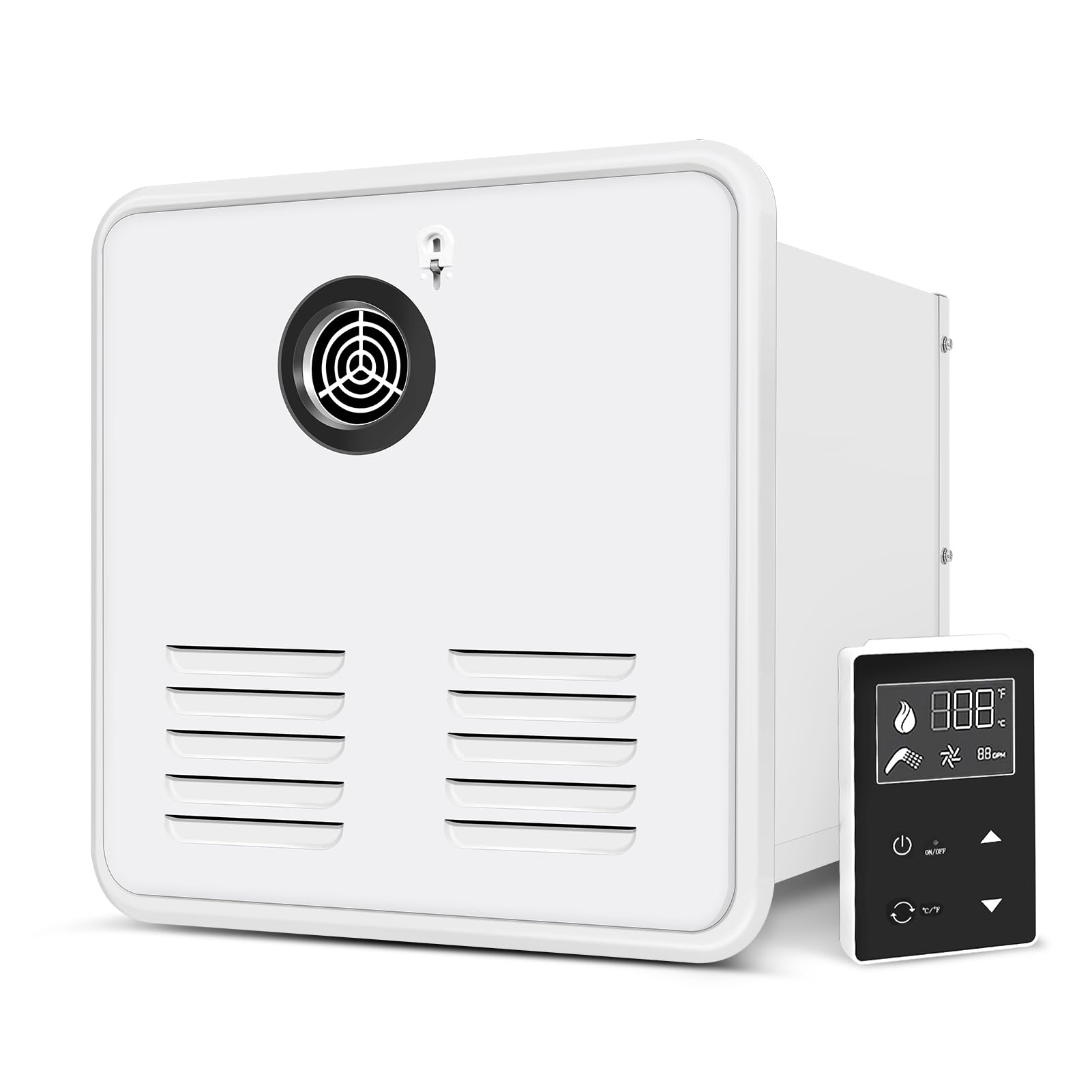 Chauffe - eau Teodute pour campeurs: chauffe - eau de camping prêt à l'emploi de 55 000 BTU avec porte blanche de 15 x 15 pouces et télécommande - 2,8 gpm Max - compatible avec tous les campeurs
