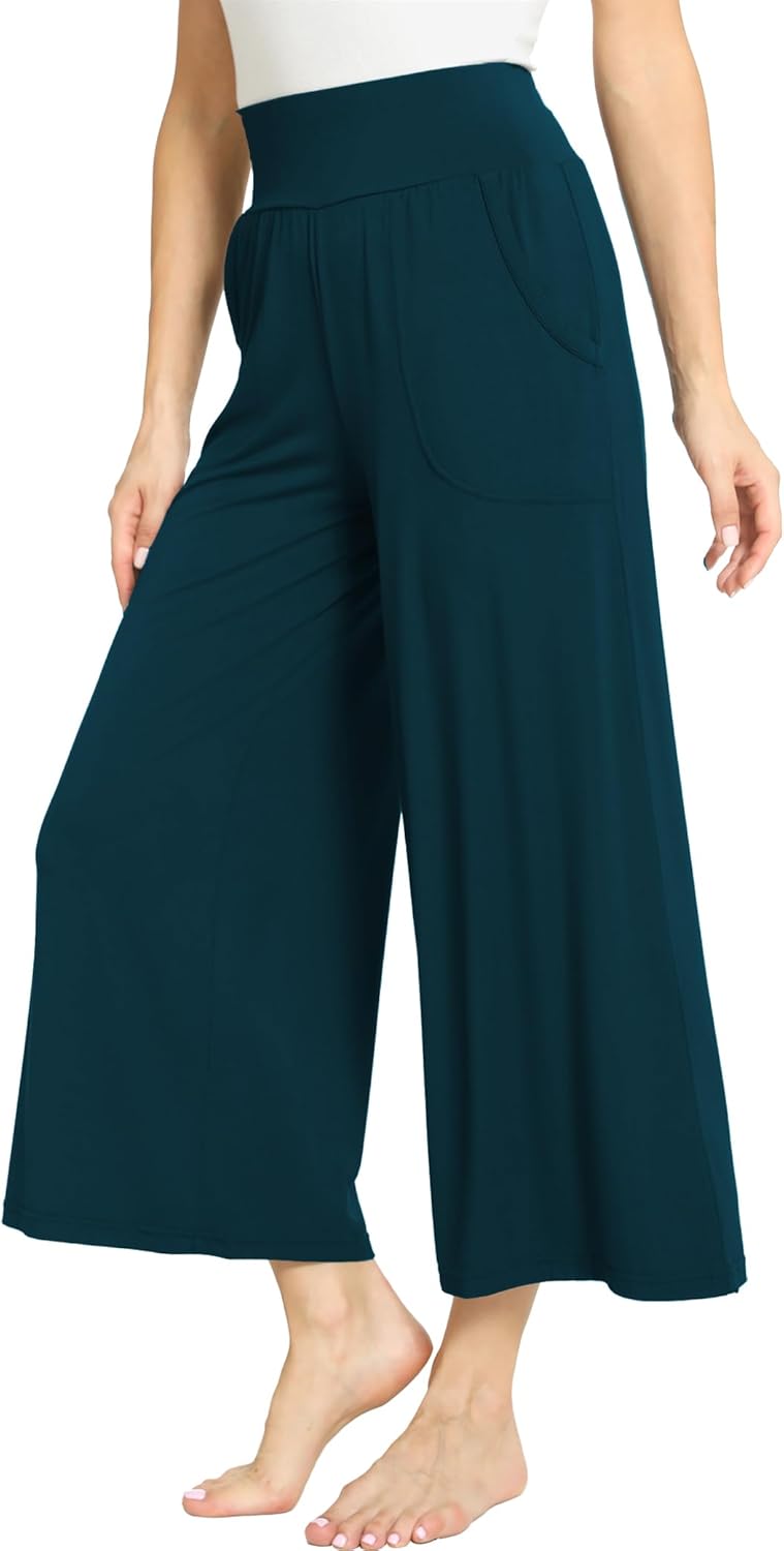 GYS Bamboo Viscose Wide Leg Palazzo Cropped Pants, High Waist Capris Cloud-Soft Pajama Pants with Pockets, Flowy Yoga Pants