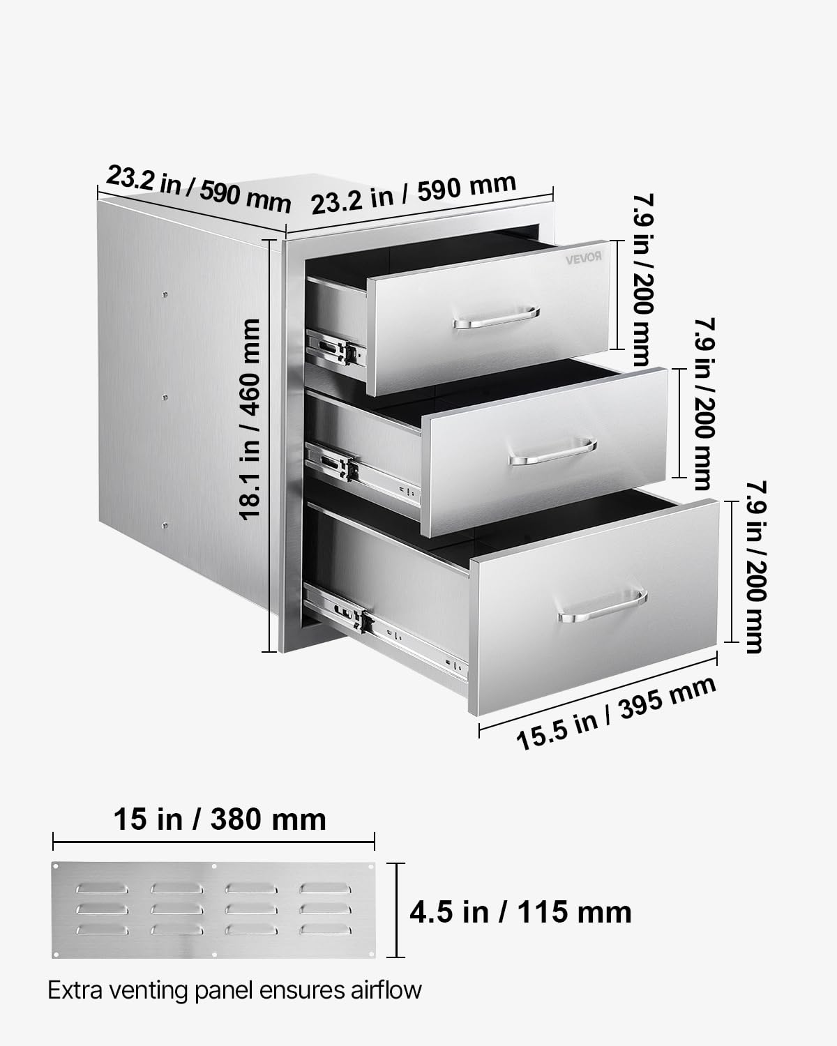 VEVOR Cajones de Cocina para Exterior 46 x 59 x 59 cm, 3 Cajones para Barbacoa de Triple Acceso con Asa de Aleación de Zinc, Cajonera para Cocinas al Aire Libre, Estación de Parrilla para Patio