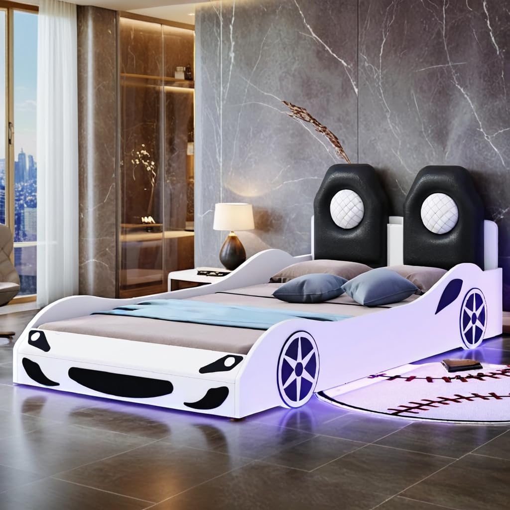 Twin Size Race Car-Shaped Platform Bed with Wheels, Solid Wood Car Bed Frame with LED Lights and Upholstered Backrest for Kids, No Box Spring Needed, White