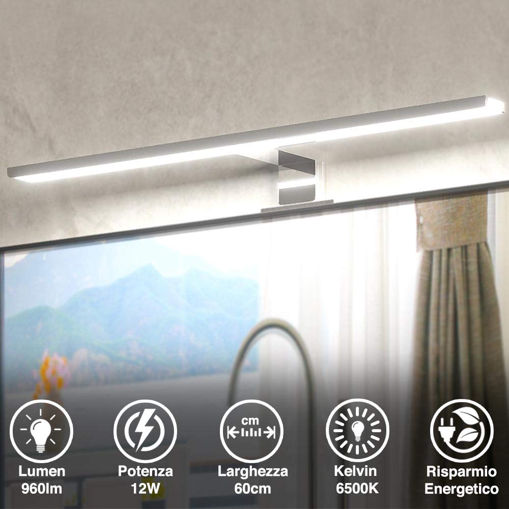 BAKAJI Lampada da Specchio Bagno Applique Parete Muro Lunghezza 60cm Luce LED 12W 960lm Risparmio Energetico Bianco Freddo 6500K Design Moderno in Alluminio Cromato 3 Tipi di Installazione