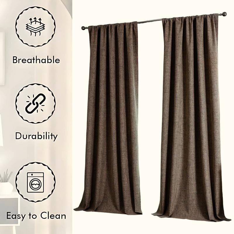 Image of WWW.THROWPILLOW.IN 52 inch Width 100% Blackout Window Curtains 5.5 Feet Long Set of 2 for Living Room, Bedroom, Heavy Faux Brown Linen Textured Rod Pocket Curtains(with Black Out Lining, 5.5 Foot)