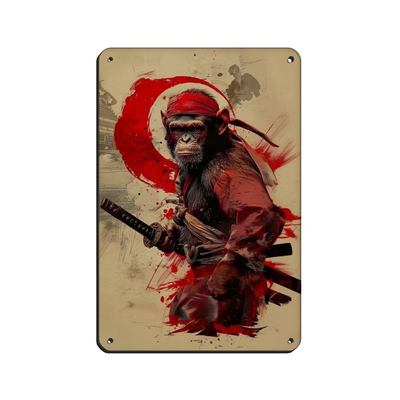 Ninja Monkey Holding A Katana Sword Retro Poster Metal Tin Sign Chic Art Retro Iron Painting Bar People Cave Cafe Family Garage Poster Wall Decoration 8x12inch(20x30cm)