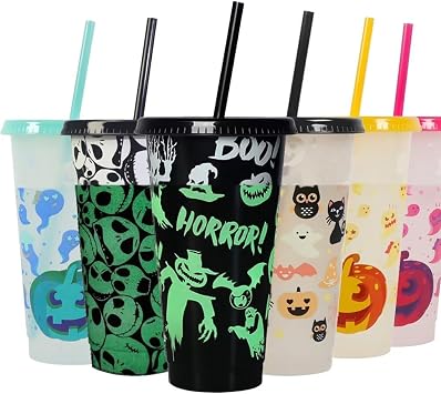 Cessfle Halloween Color Changing Cups with Lids and Straws, 6 Pack 24 oz Plastic Tumblers Bulk Halloween Cups Halloween Tumblers Set for Party, Reusable Halloween Party Favors Supplies
