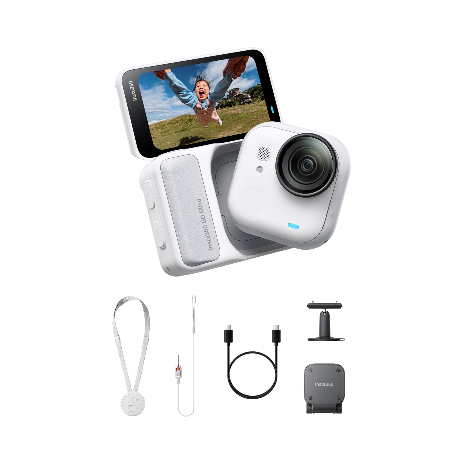 Insta360 GO Ultra Essentials Bundle - Small 4K Vlogging Camera, Hands-Free, POV Cam, 1/1.28" Sensor, 53g Lightweight, 156° FOV, 200 Min Battery Life,