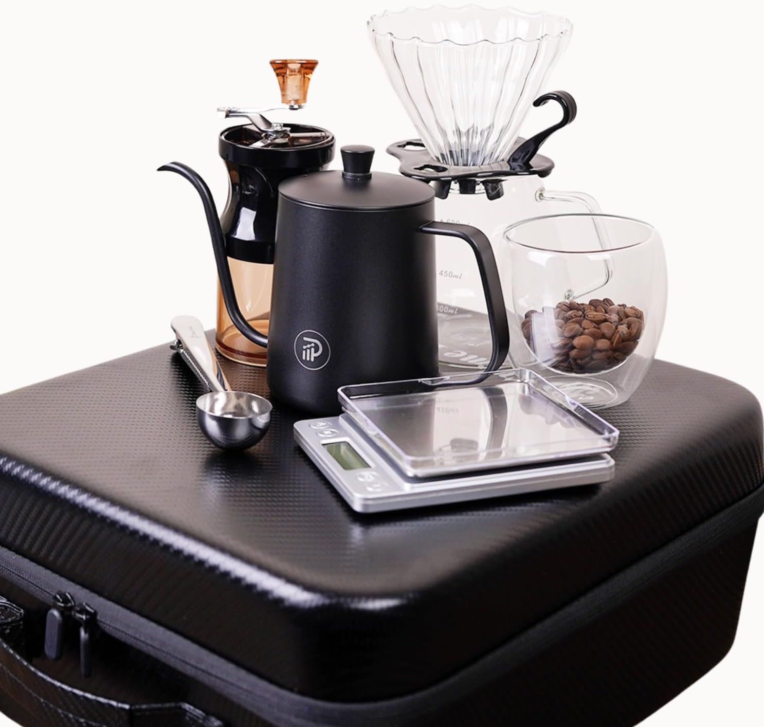 Prime Perks® | V60 Pour Over Coffee Set - Portable Coffee Maker with Kettle, Scale, Double Walled Mug, Glass Server, Manual Grinder, 100 Filters, Travel Coffee Kit, Coffee Gift Set, Coffee Lover Gift