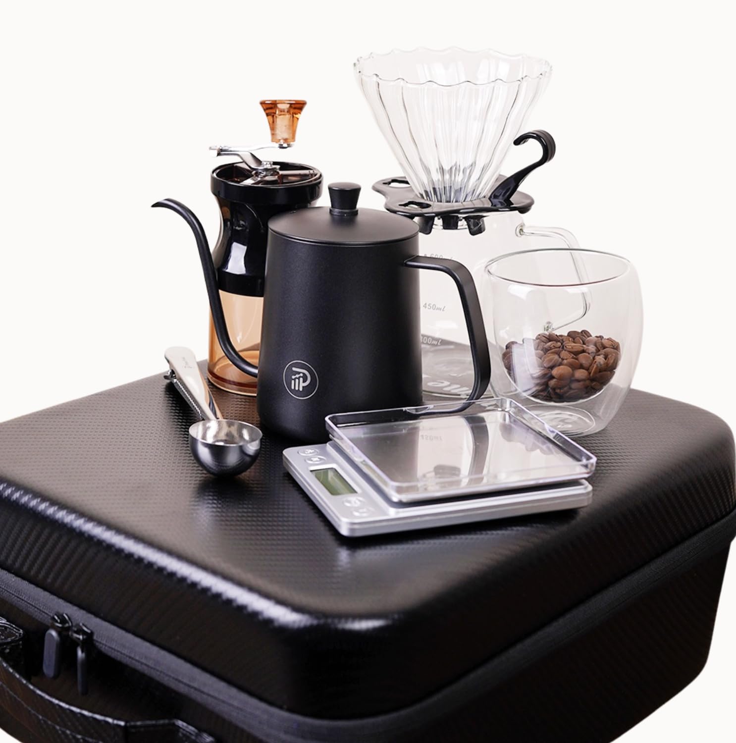 Prime Perks® | V60 Pour Over Coffee Set - Portable Coffee Maker with Kettle, Scale, Double Walled Mug, Glass Server, Manual Grinder, 100 Filters, Travel Coffee Kit, Coffee Gift Set, Coffee Lover Gift