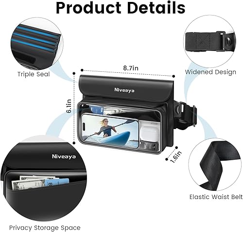 Miniatura 6 de Niveaya Riñonera impermeable IP68, paquete de 2, bolsa seca flotante, bolsa de cintura impermeable para teléfono, bolsa seca, playa, kayak,