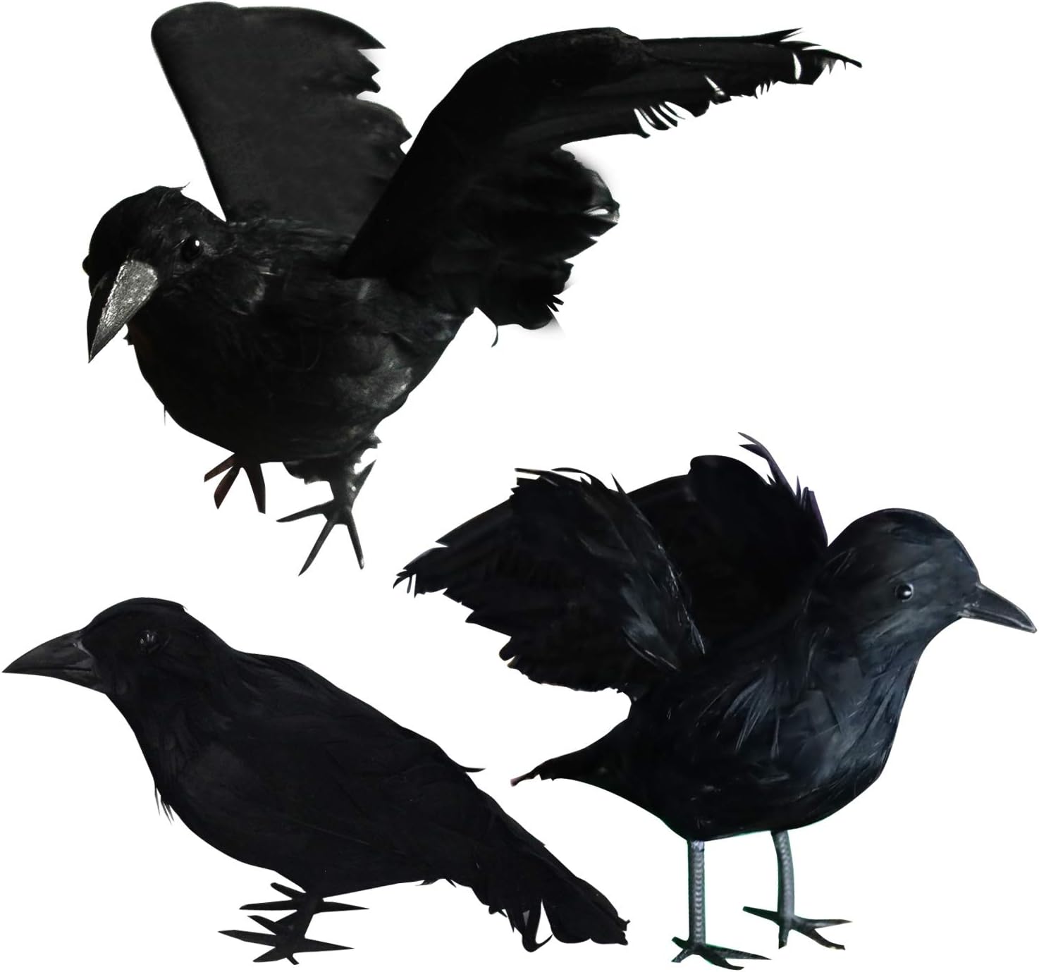 FUNPENY Halloween Black Feathered Crows, 3 Pack Black Crows with Real Feather Halloween Decoration for Indoor Outdoor 3 Pack Large Size