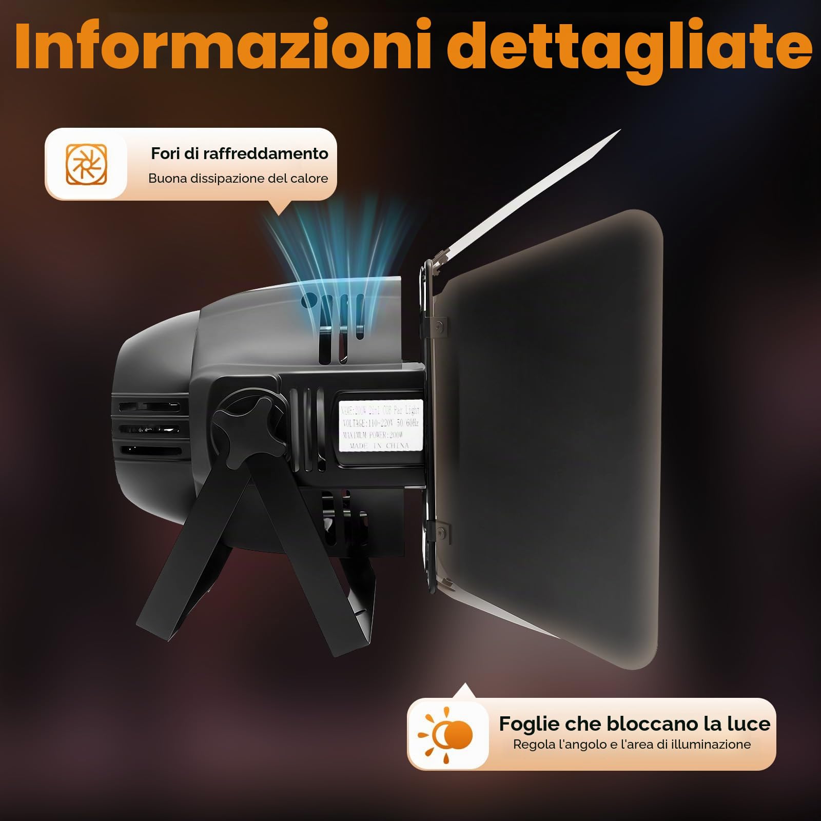 Faretto 2 in 1 LED, da 200 W COB, ideale per l’illuminazione da palcoscenico e per esterni, con grado di protezione IP64, con modalità di controllo DMX-512 Master/Slave, sound, auto